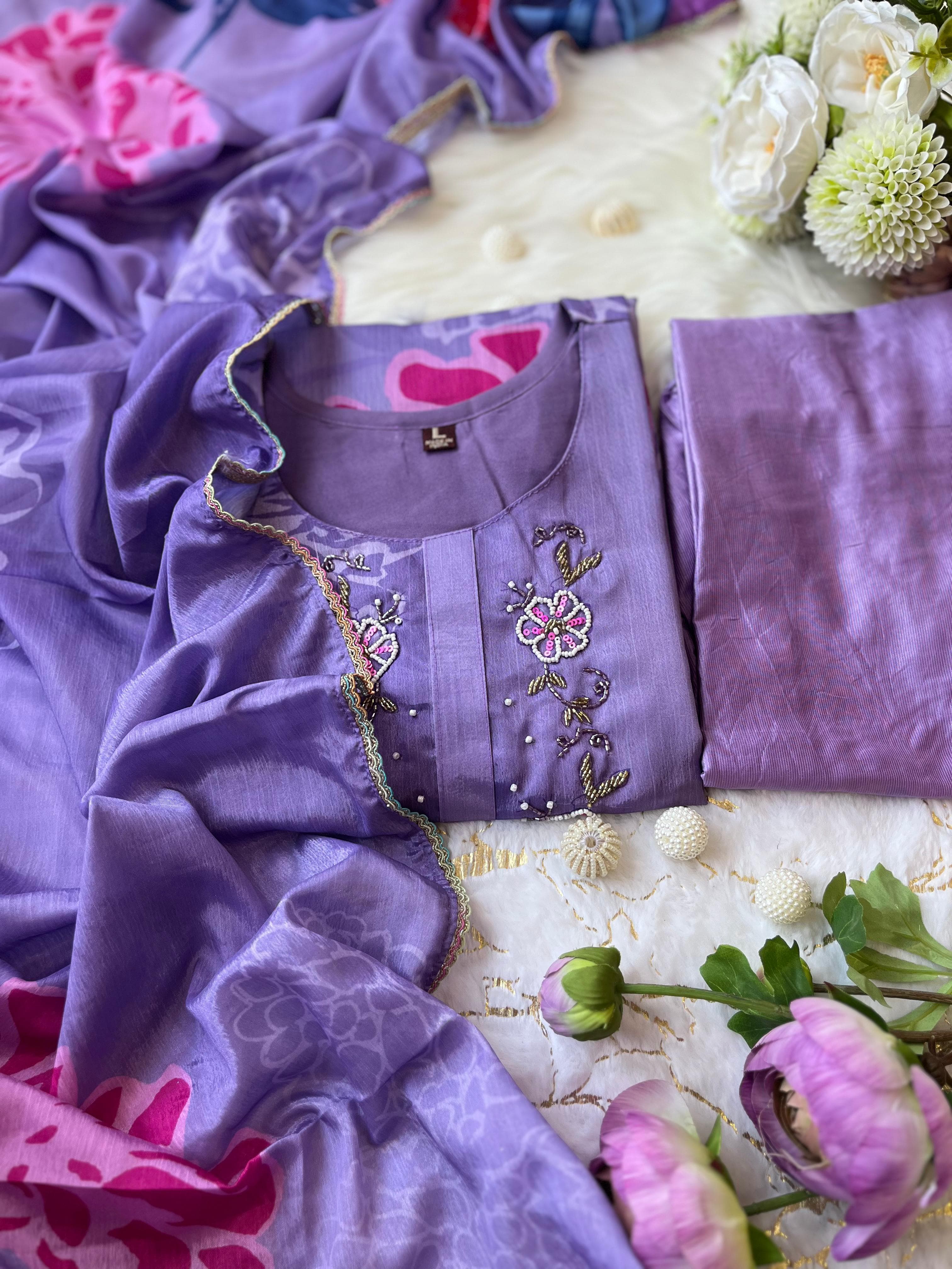 Elegant Three Piece Lavender Kurta Set