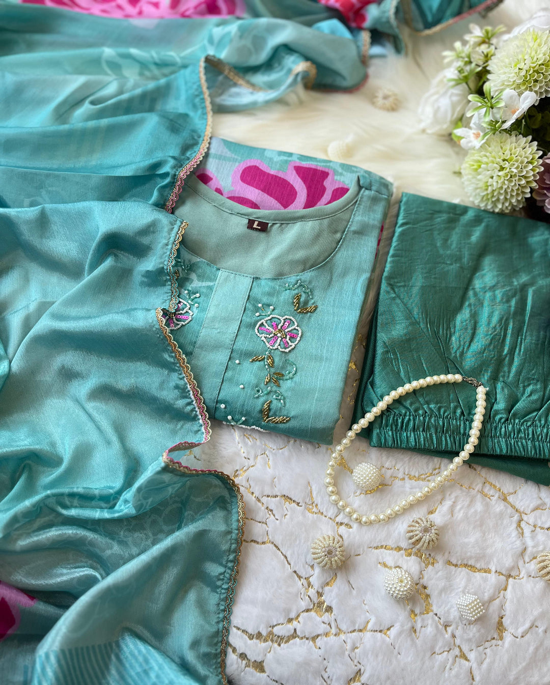 Elegant Three Piece Sea Green Kurta Set