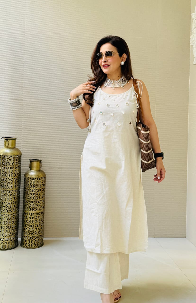 Beautiful White Slub Cotton Cord Set