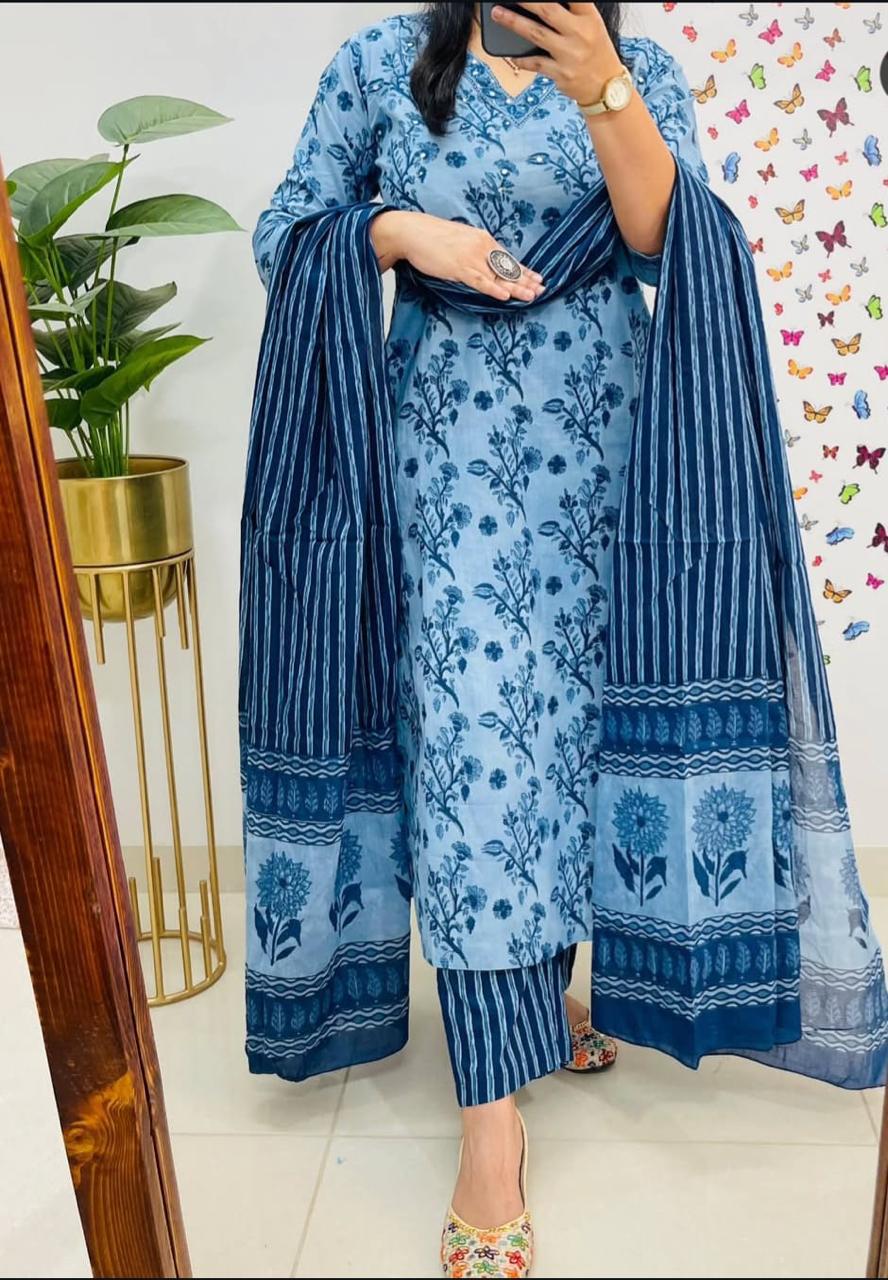 Blue Cotton Sequence Work Kurta Pant With Dupatta Set