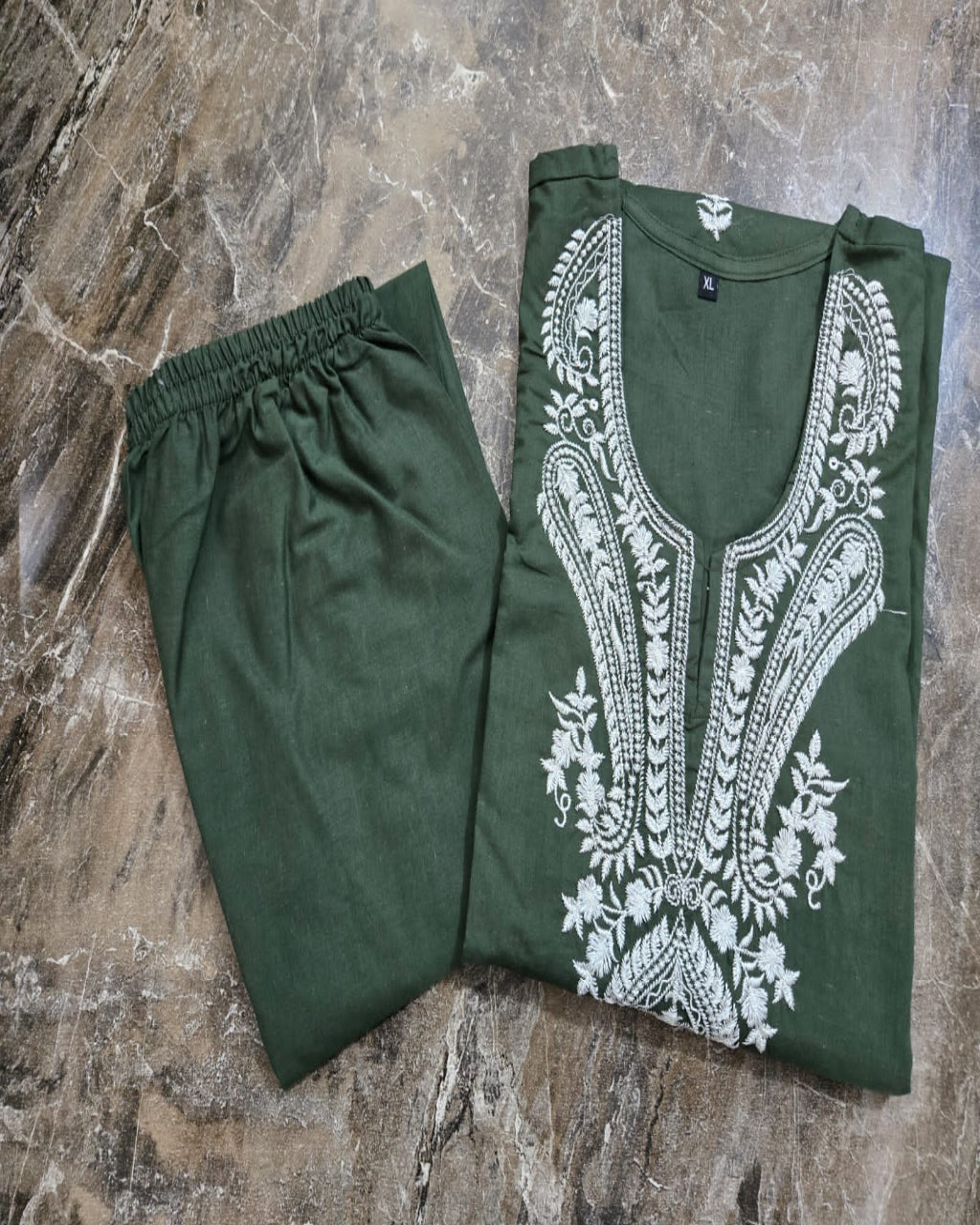 Beautiful Olive Green Cotton Kurta Pant Set
