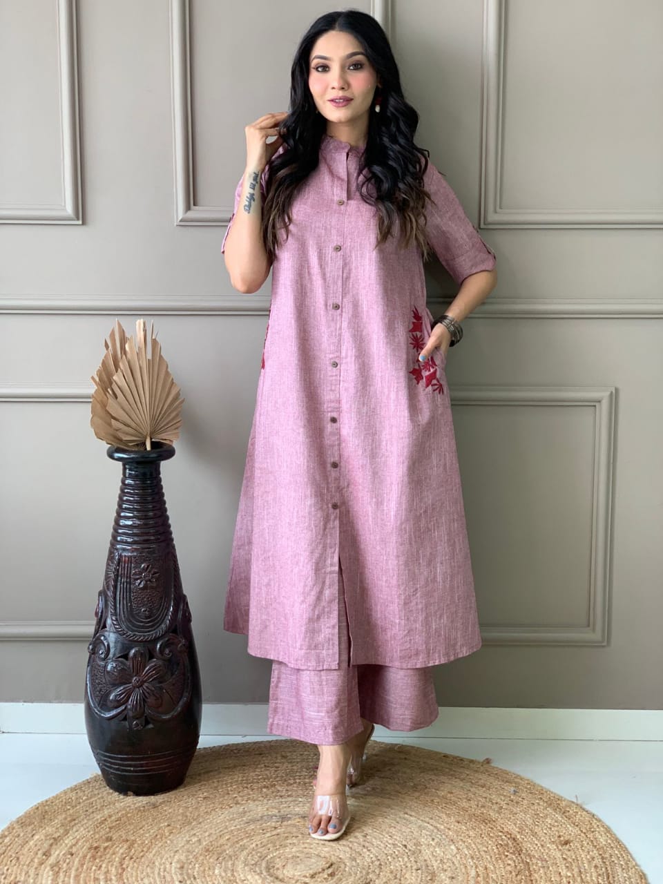 Pure cotton hand embroidered kurta palazzo co ord set