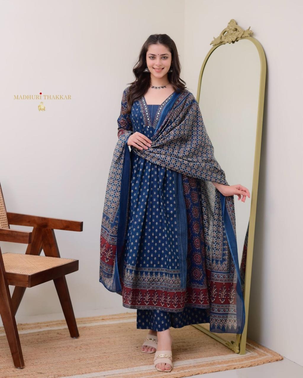 Women's Cotton Printed A Line Premium Kurti with Pant and Dupatta Set