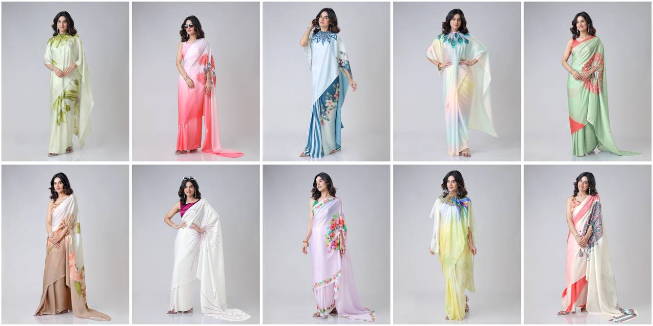 Trending Multicolor Peacock Free Hand Kaftan Style Ready To Wear Saree