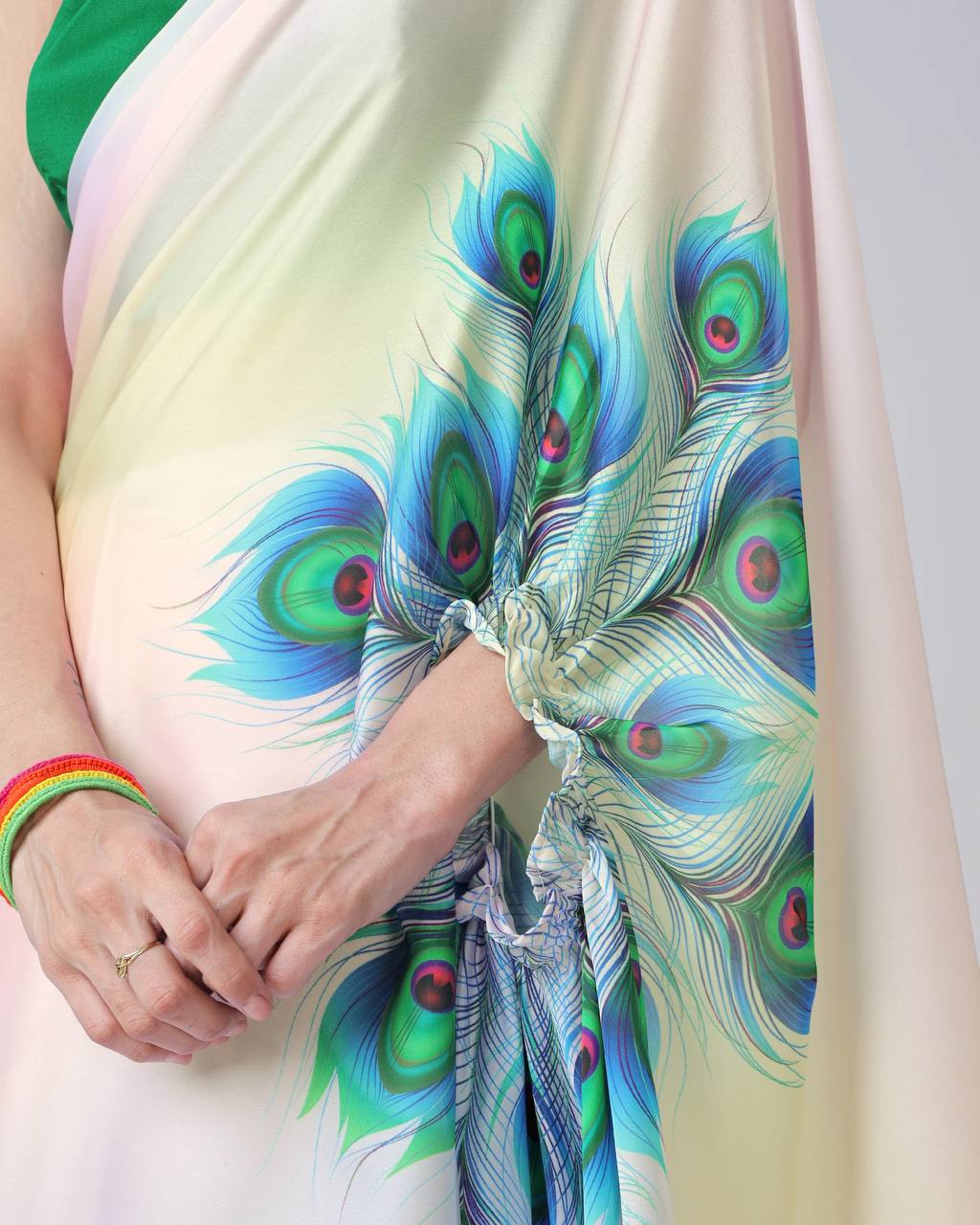 Trending Multicolor Peacock Free Hand Kaftan Style Ready To Wear Saree