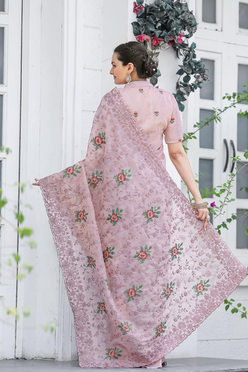 Pure Shiny Zari Chiffon Saree With Beautiful Work