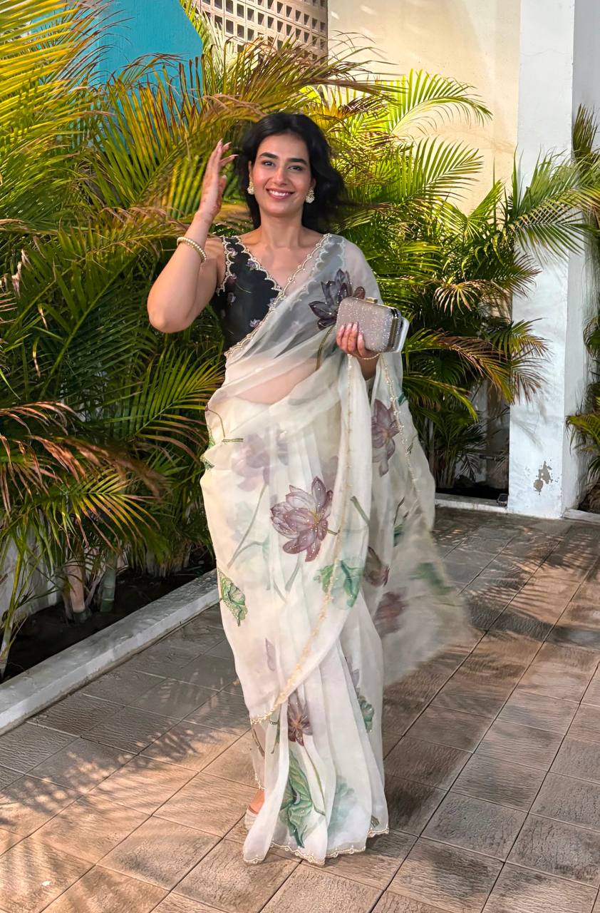 Beautiful Off White Floral Print Soft Organza Saree