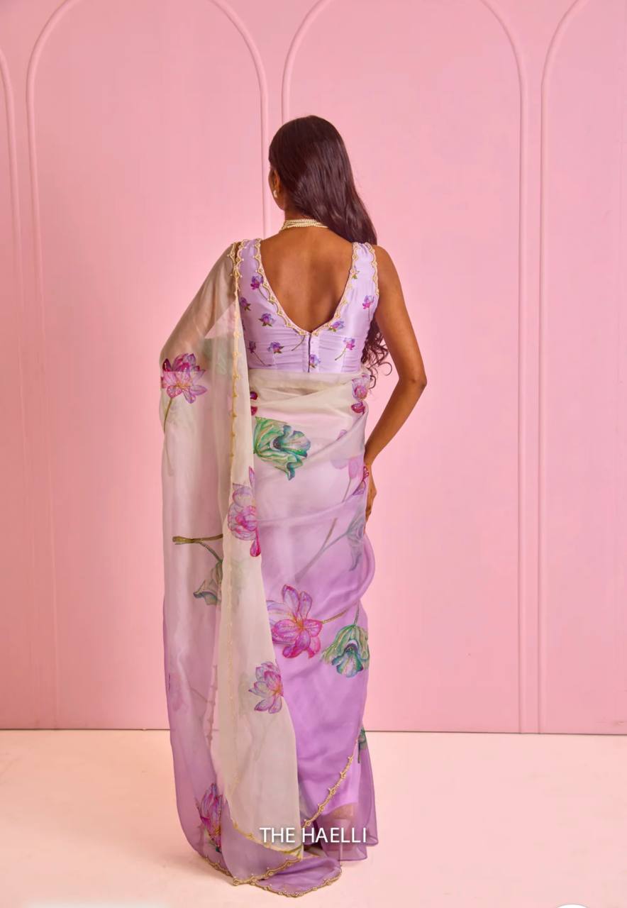 Beautiful Purple Floral Print Soft Organza Saree
