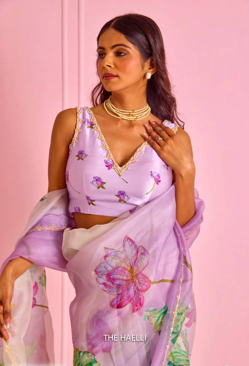 Beautiful Purple Floral Print Soft Organza Saree