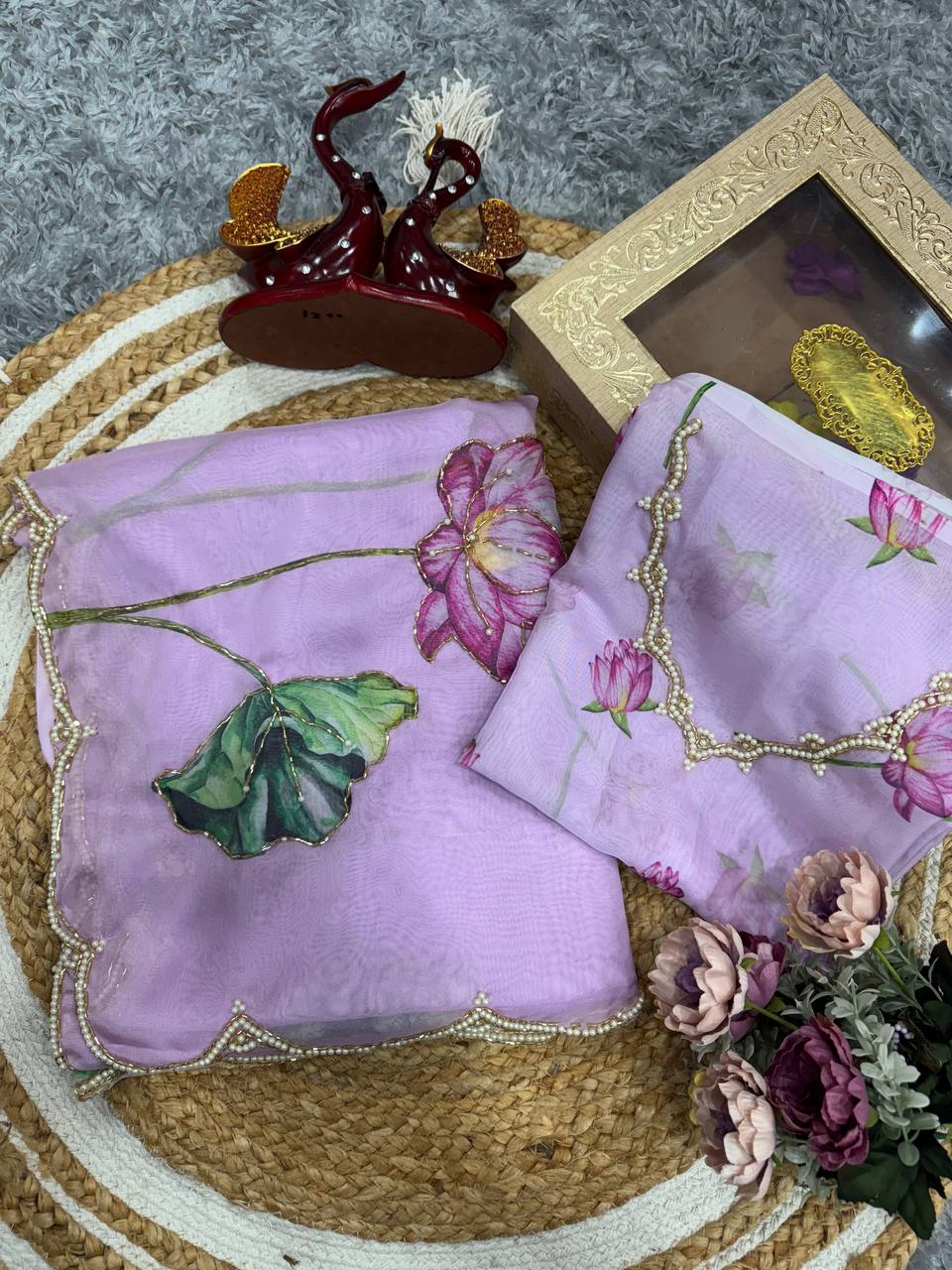Beautiful Purple Floral Print Soft Organza Saree