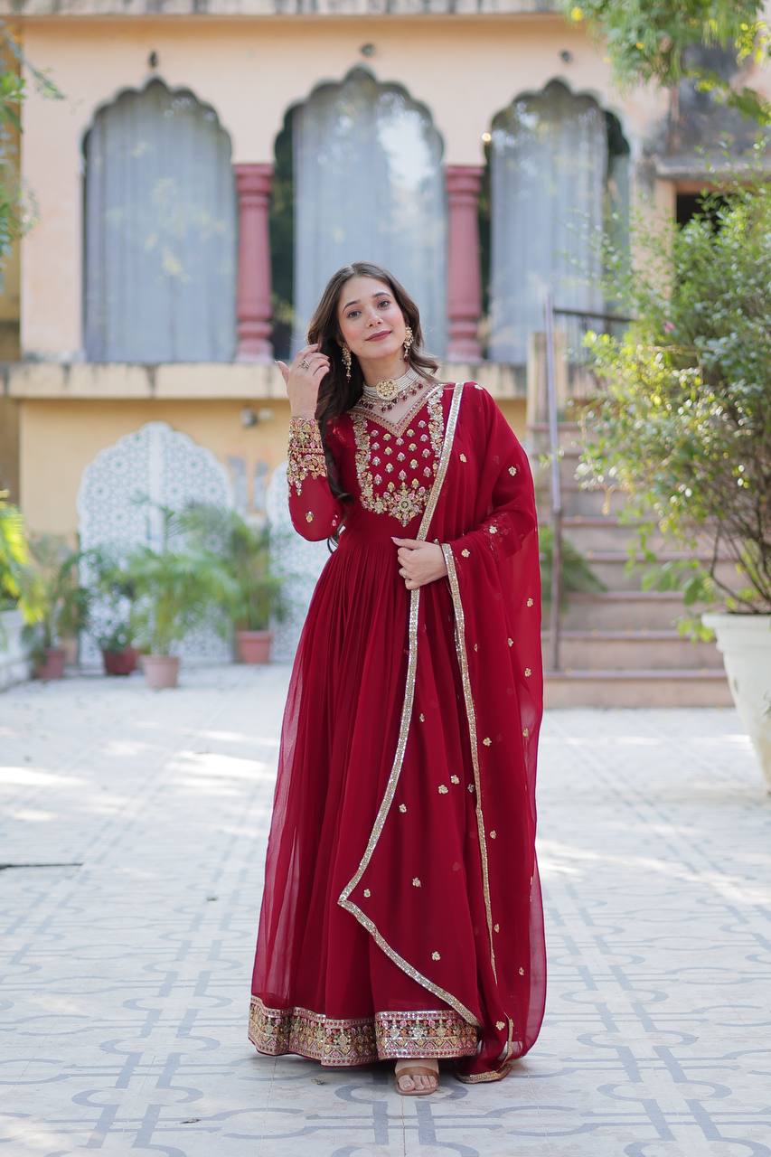 Elegant Faux Blooming Georgette Gown with Sequins Embroidery & Lace Dupatta