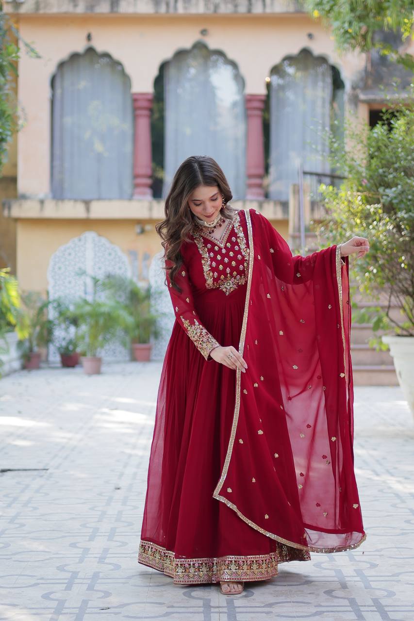 Elegant Faux Blooming Georgette Gown with Sequins Embroidery & Lace Dupatta
