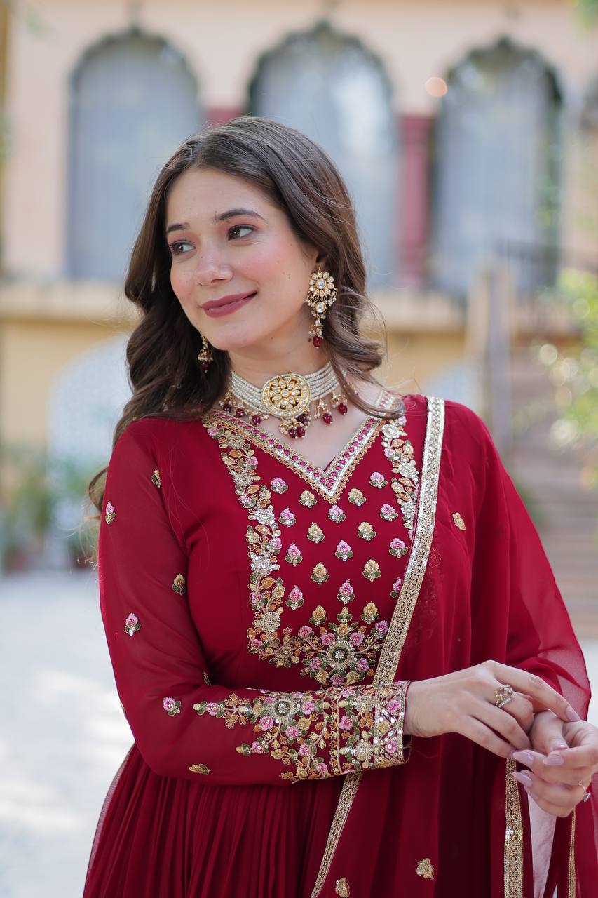 Elegant Faux Blooming Georgette Gown with Sequins Embroidery & Lace Dupatta