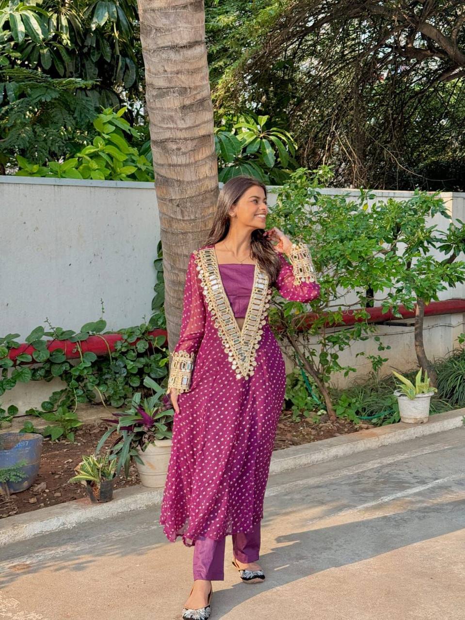 Digital Printed Chinon with Real Mirror &amp; Embroidery Work Dress