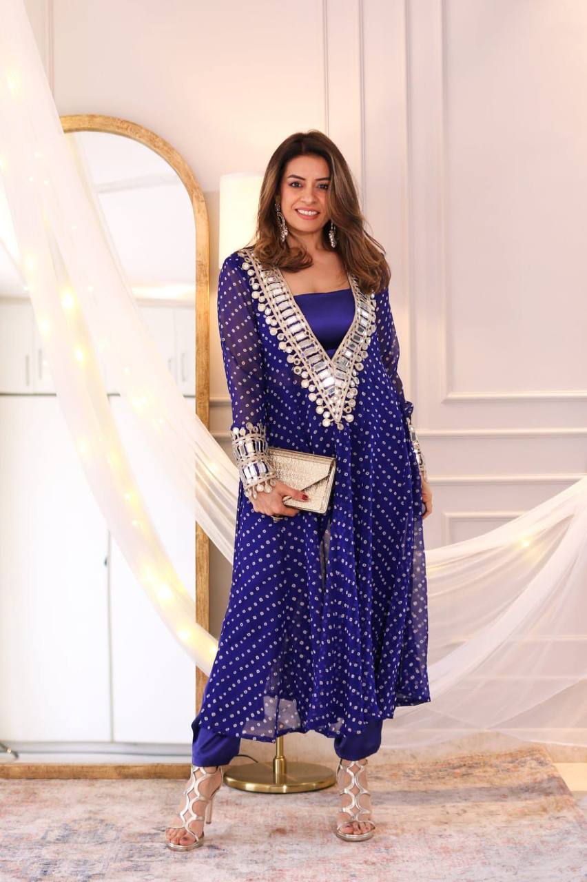 Digital Printed Chinon with Real Mirror &amp; Embroidery Work Dress