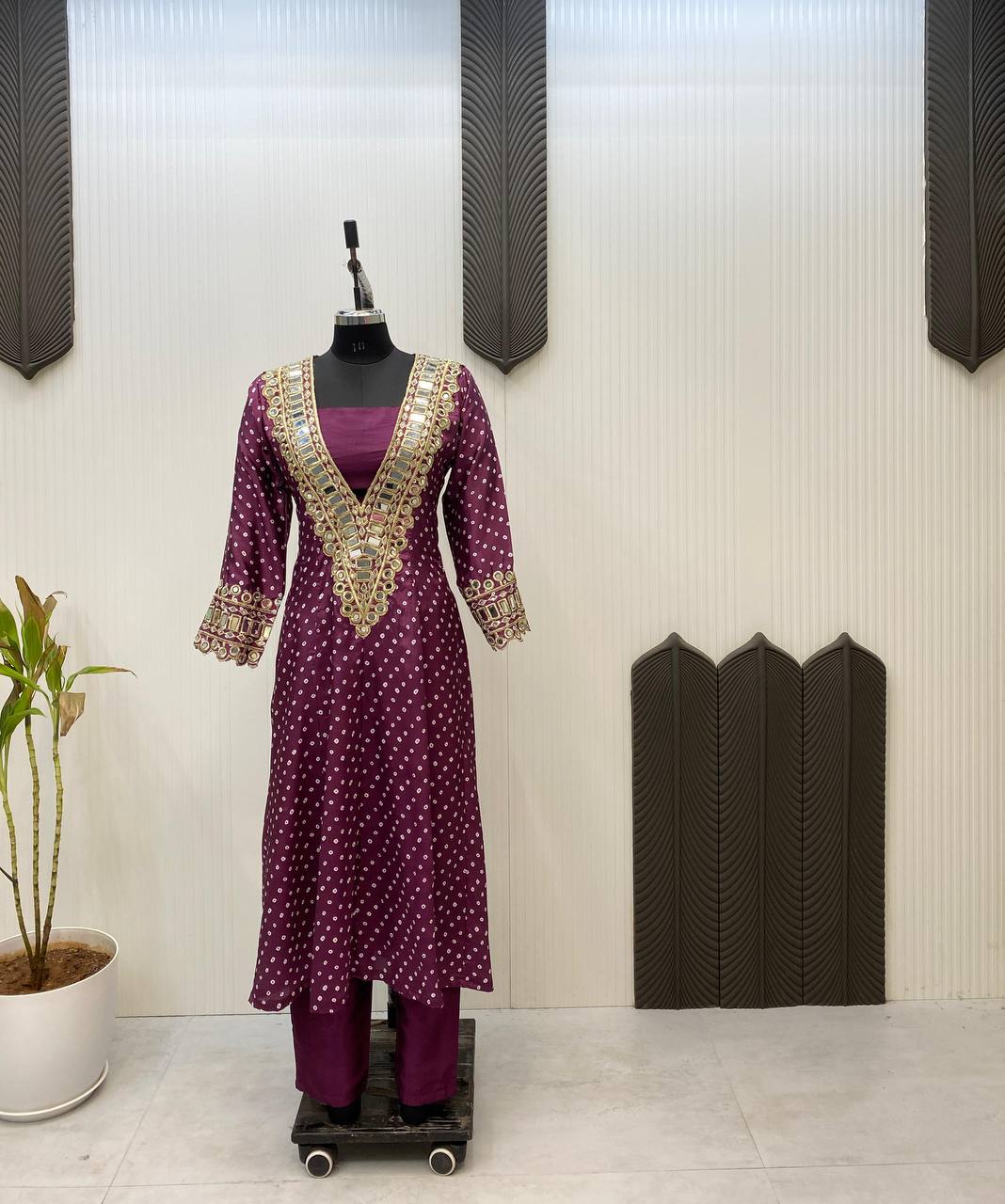 Digital Printed Chinon with Real Mirror &amp; Embroidery Work Dress