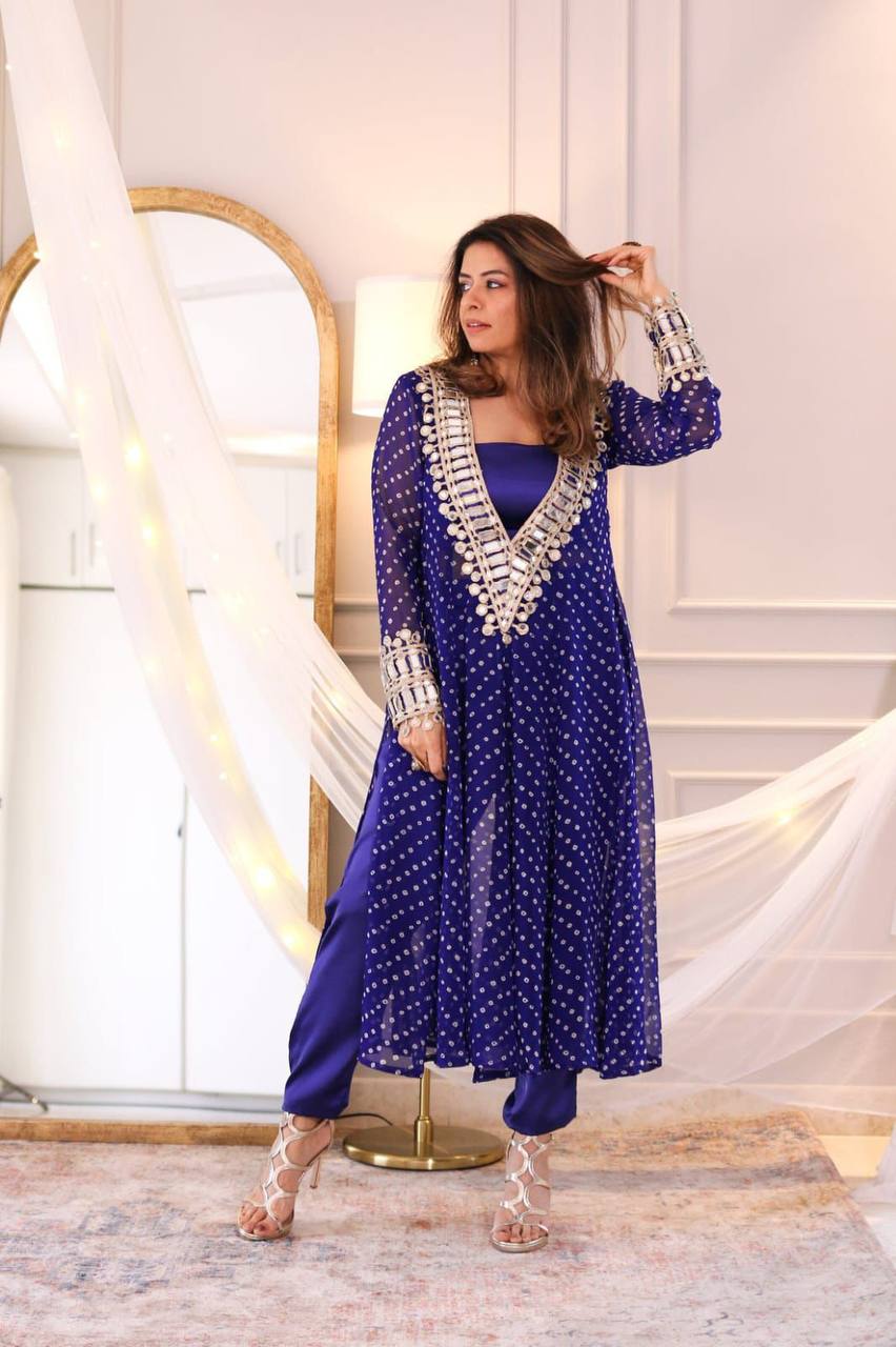 Digital Printed Chinon with Real Mirror &amp; Embroidery Work Dress