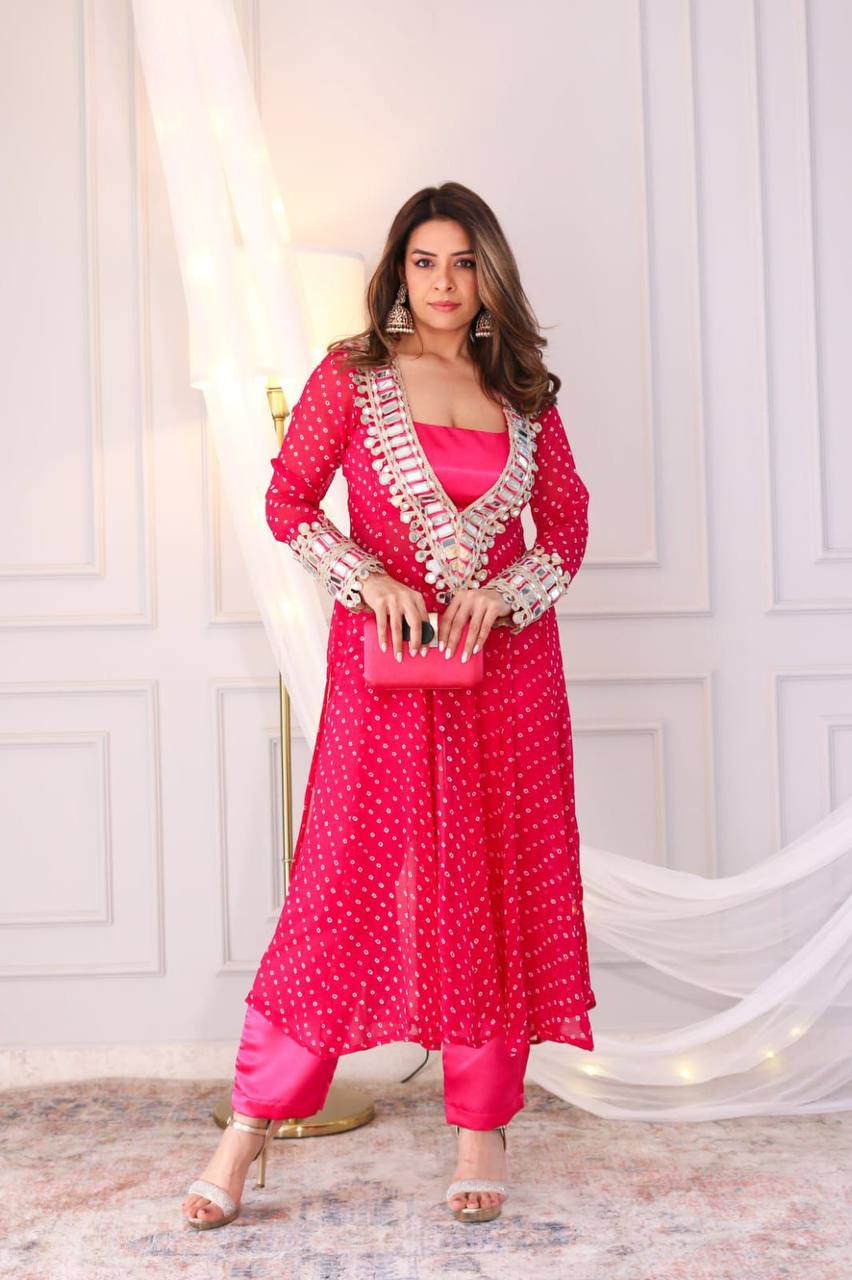 Digital Printed Chinon with Real Mirror &amp; Embroidery Work Dress