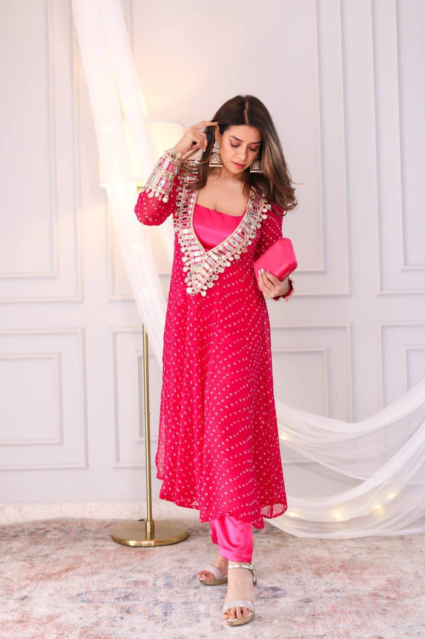 Digital Printed Chinon with Real Mirror &amp; Embroidery Work Dress