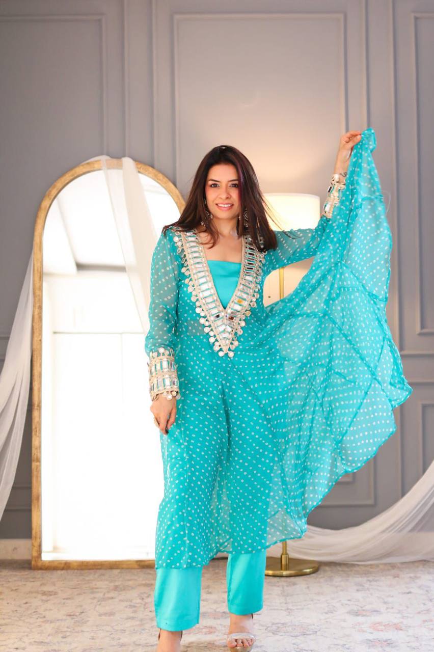 Digital Printed Chinon with Real Mirror &amp; Embroidery Work Dress