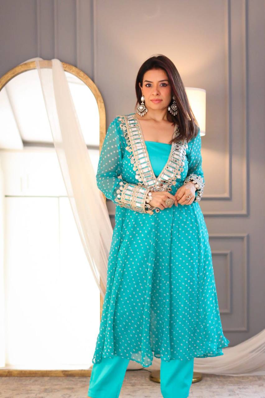 Digital Printed Chinon with Real Mirror &amp; Embroidery Work Dress