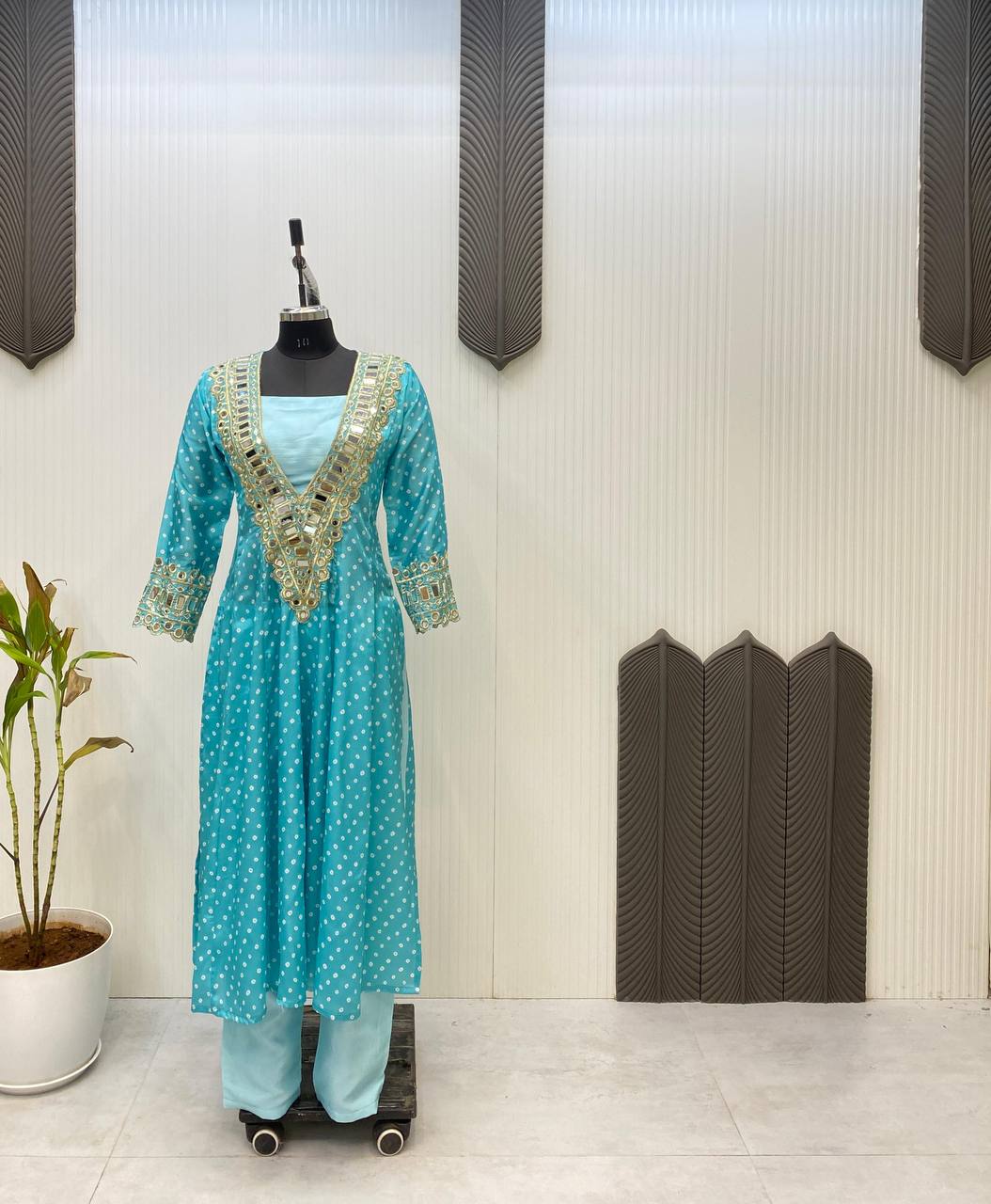 Digital Printed Chinon with Real Mirror &amp; Embroidery Work Dress