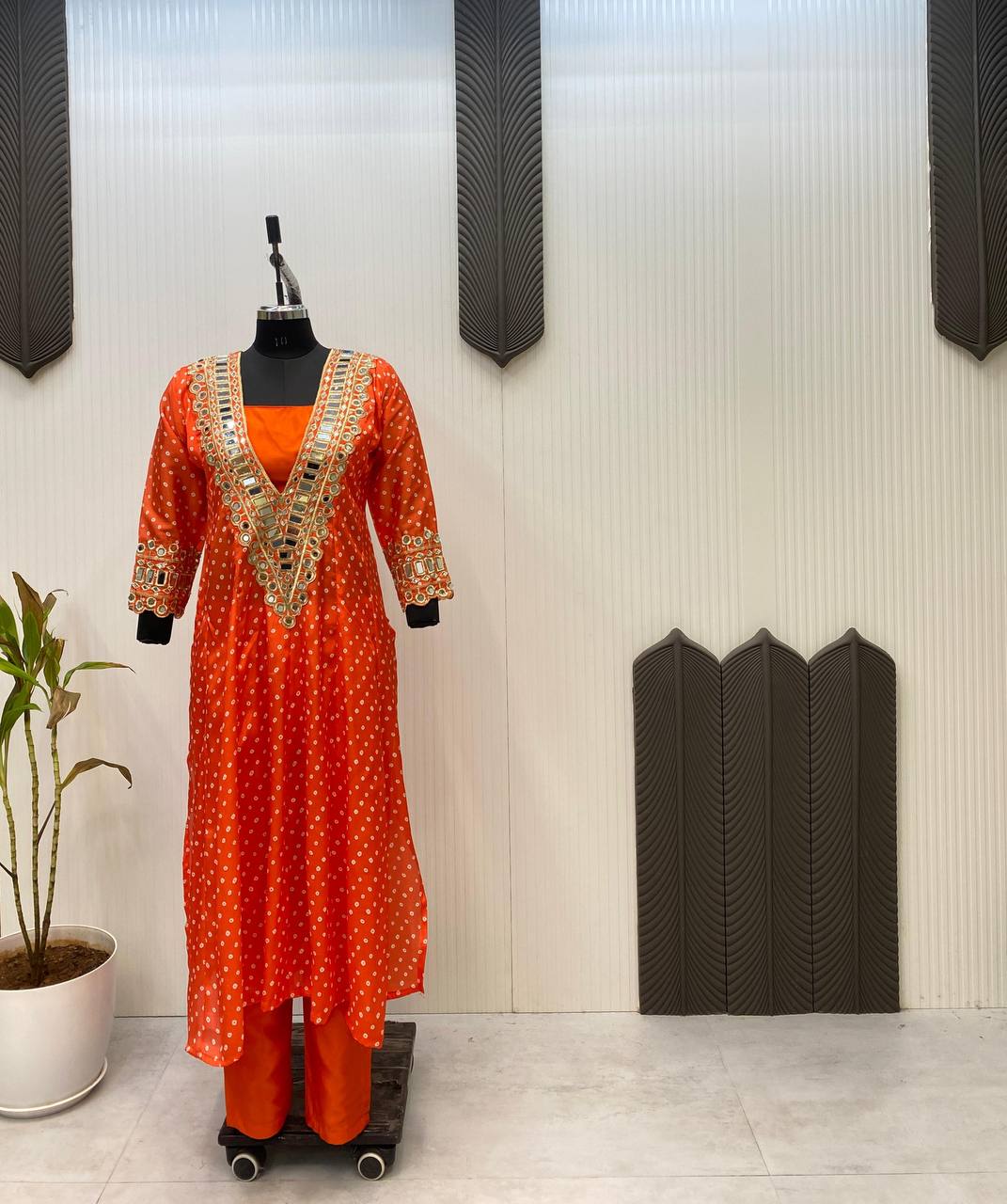 Digital Printed Chinon with Real Mirror &amp; Embroidery Work Dress