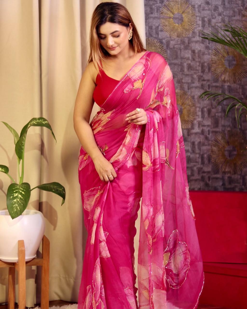 New Exclusive Floral Pink Handwork Saree
