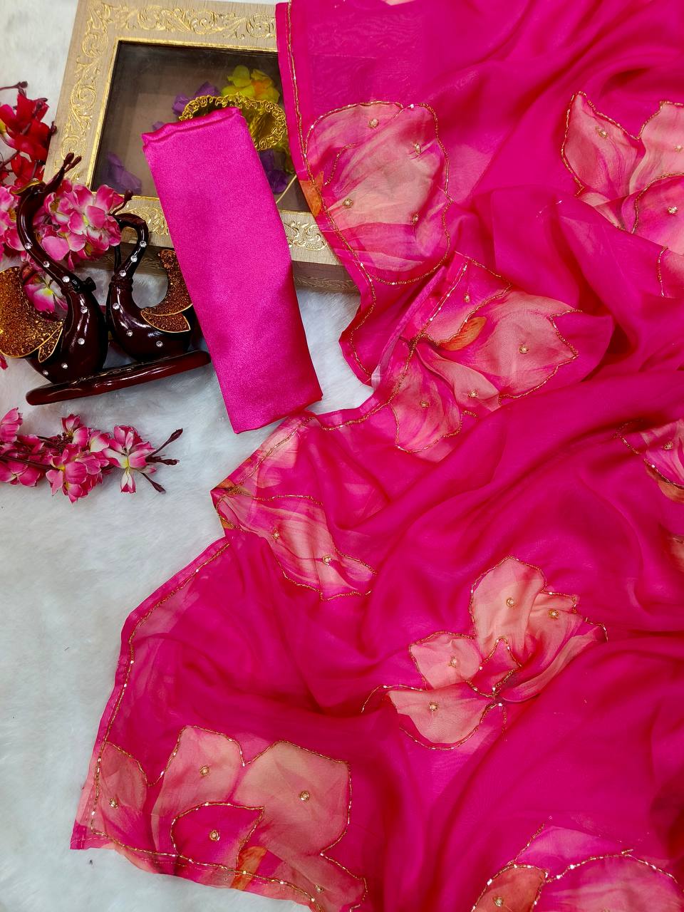 New Exclusive Floral Pink Handwork Saree