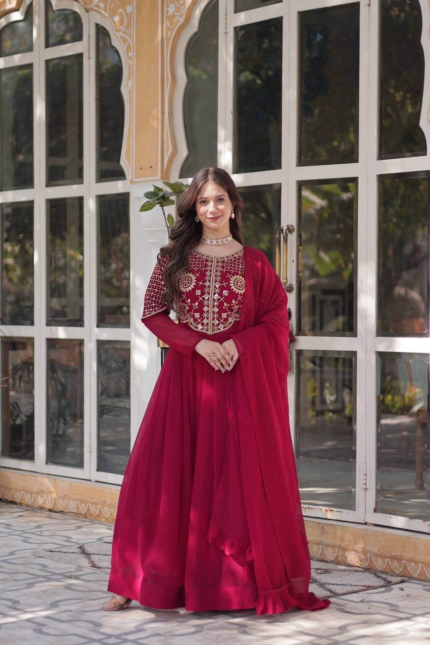 Elegant Faux Blooming Georgette Gown with Embroidered Work & Matching Dupatta