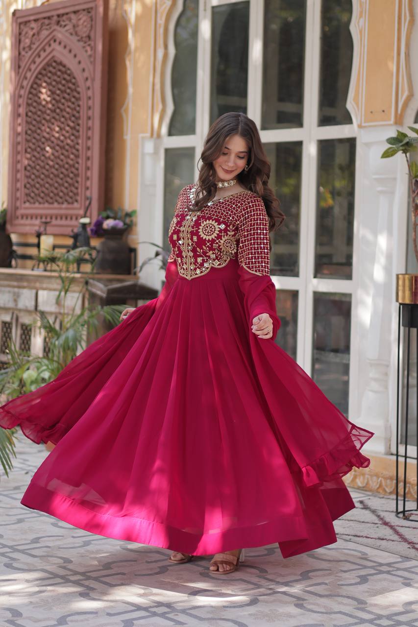 Elegant Faux Blooming Georgette Gown with Embroidered Work & Matching Dupatta