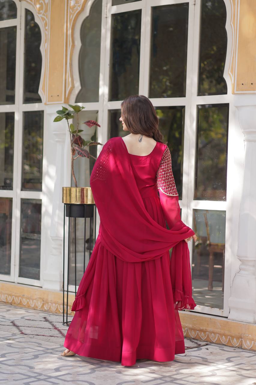 Elegant Faux Blooming Georgette Gown with Embroidered Work & Matching Dupatta