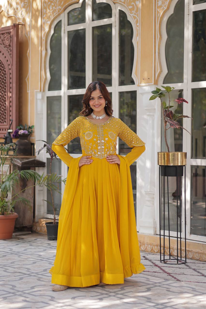 Elegant Faux Blooming Georgette Gown with Embroidered Work & Matching Dupatta