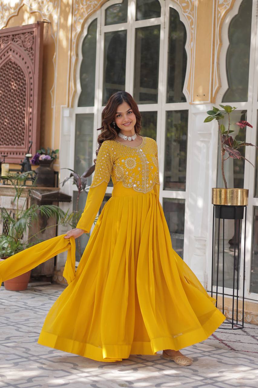 Elegant Faux Blooming Georgette Gown with Embroidered Work & Matching Dupatta