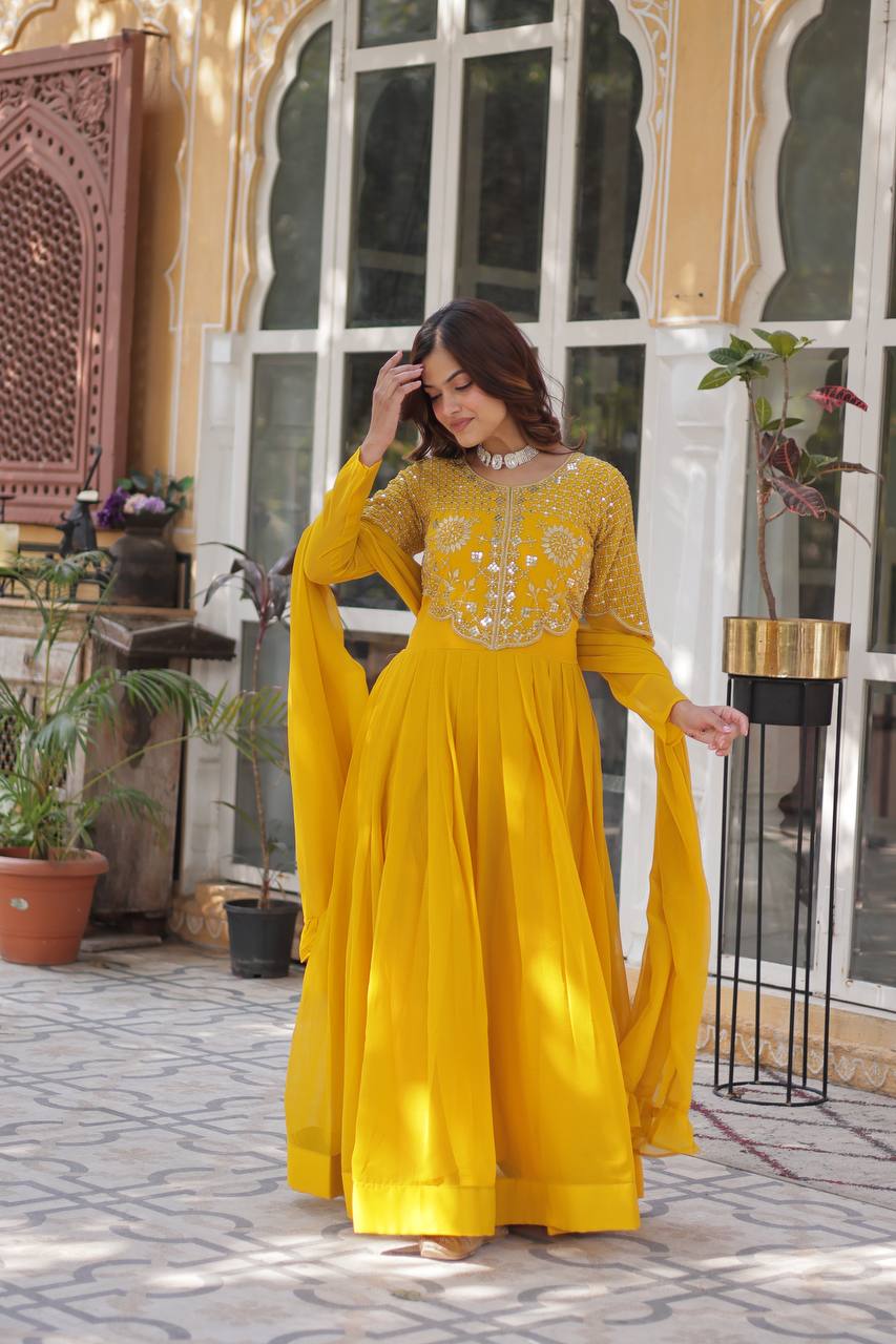 Elegant Faux Blooming Georgette Gown with Embroidered Work & Matching Dupatta