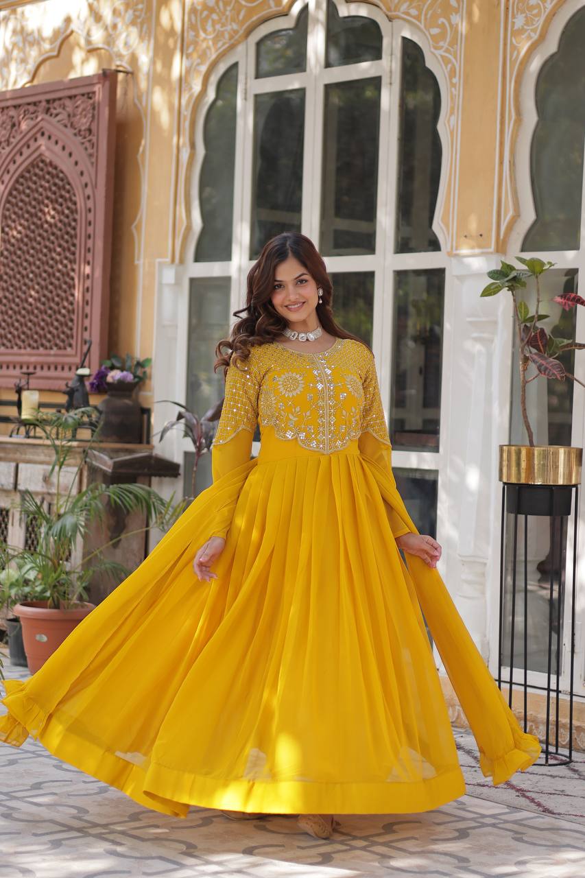 Elegant Faux Blooming Georgette Gown with Embroidered Work & Matching Dupatta