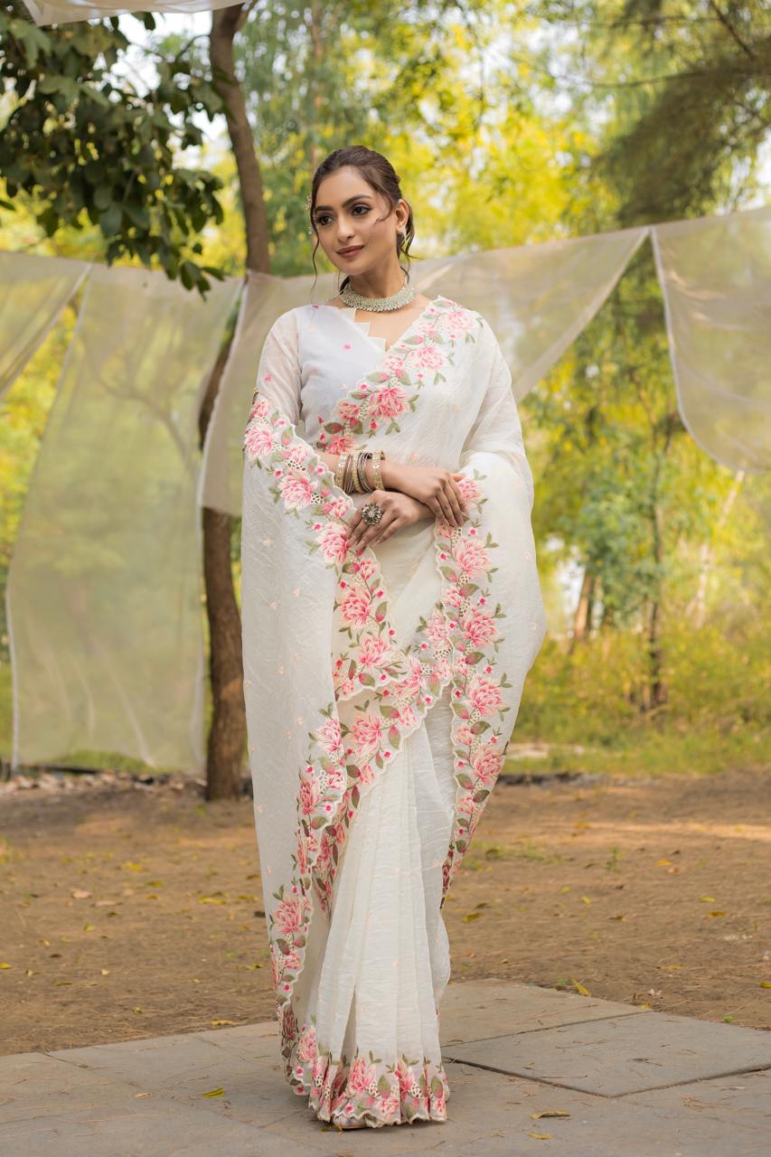 Pure crush silk saree with all over embroidery design