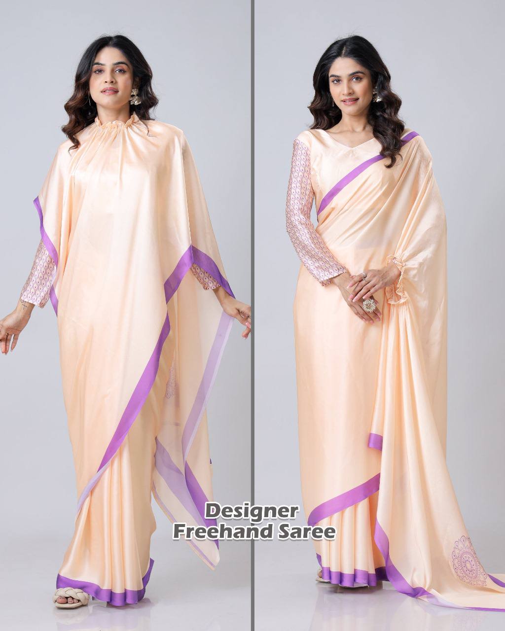 Trending Peach Free Hand Ready To Wear Saree