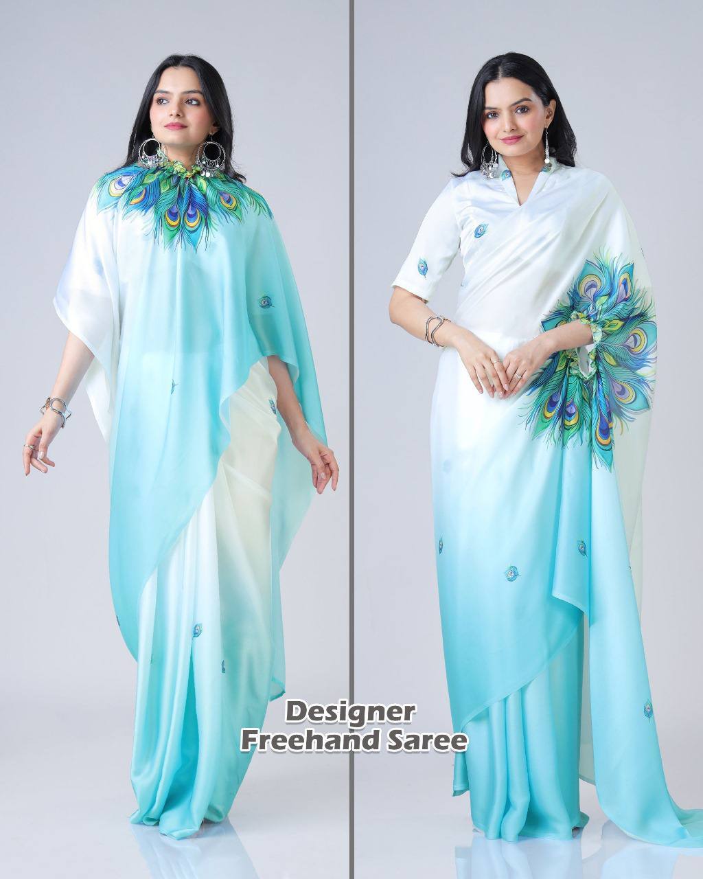 Trending Blue Peacock Free Hand Ready To Wear Saree