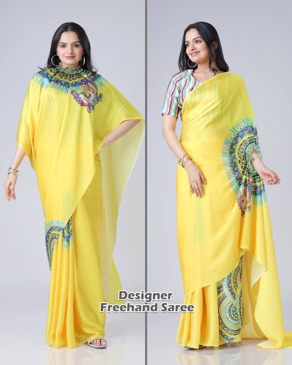 Trending Yellow Free Hand Ready To Wear Saree