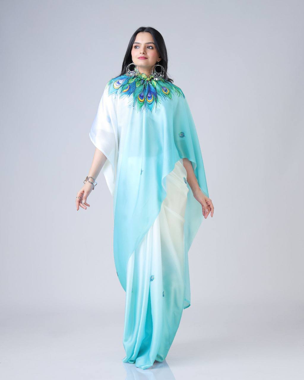 Trending Blue Peacock Free Hand Ready To Wear Saree